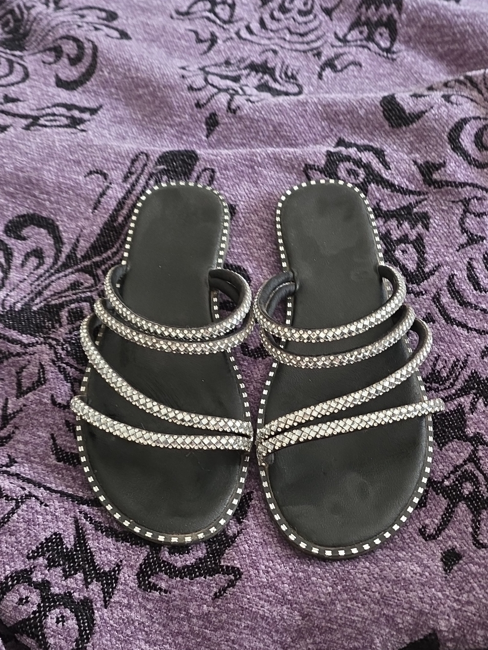 TOP Moda Black Slide Sandals with Silver Rhinestone Straps